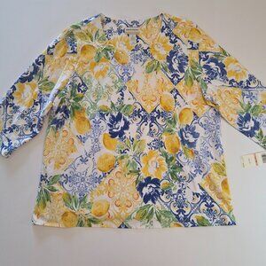 NWT - Alfred Dunner Lemon & Floral Print Top, 2X Yellow/White/Blue/Green Floral